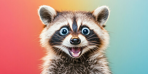 Fototapeta premium Surprised raccoon showing big eyes against colorful background. Generative AI