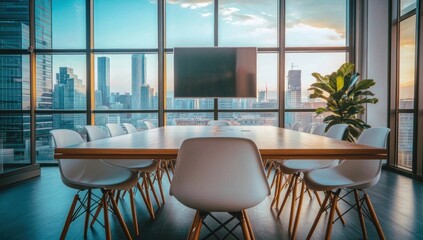 Fototapeta premium Modern Conference Room with Panoramic City View