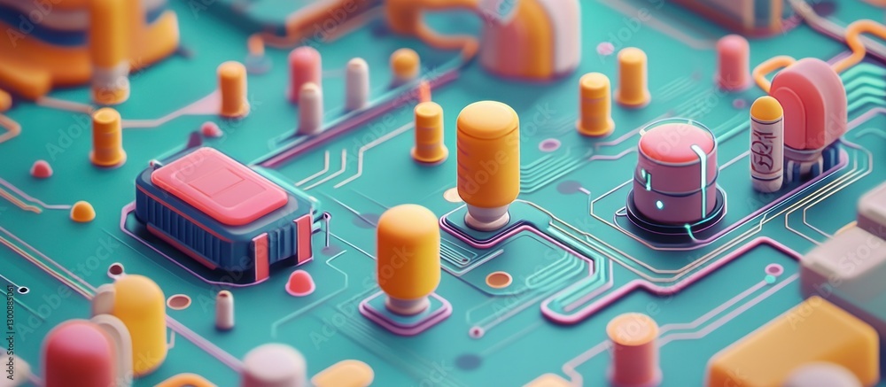 Poster abstract circuit board: a colorful 3d render of technological components