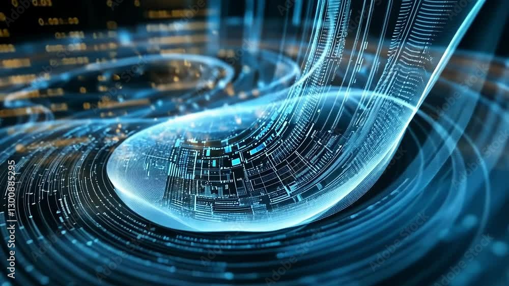 Poster dynamic visualization of digital data streams flowing in a futuristic, abstract design. blue and whi
