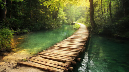 Enchanting wooden bridge journey through crystal-clear river in lush green forest landscape offering a serene and peaceful escape into nature's embrace