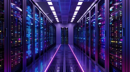 Fototapeta premium Modern data center with glowing server racks.