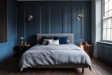 Elegant bedroom with dark blue wall paneling, gray bedding, copper accents, and hardwood floors.