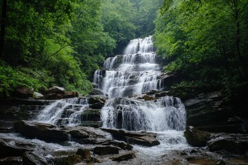 Fototapeta premium A panoramic shot of the falls surrounded by lush green vegetation during the rainy season