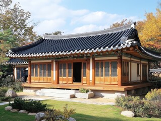 Obraz premium Korean Traditional Wooden House In A Garden Setting
