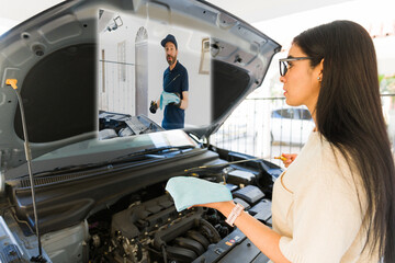 Latin woman wearing AR glasses, receiving remote mechanic guidance while checking car's oil level...
