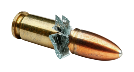 Examining the impact of a bullet on glass showing fragmentation and deformation effects in a controlled environment, cut out