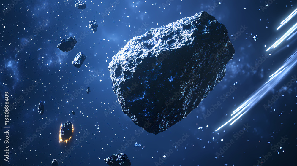 Wall mural mysterious space scene with floating rocks and dust