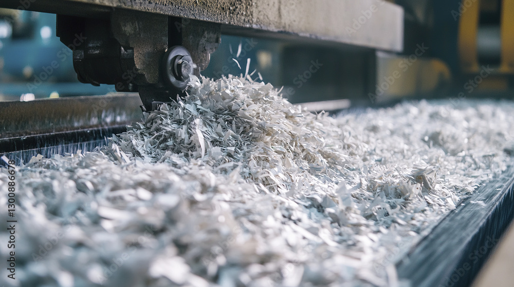Poster recycled paper being processed in factory setting