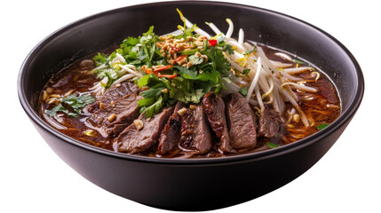 Fototapeta premium A bowl of Thai boat noodles with beef slices, bean sprouts, and herbs, isolated on a transparent background, highlighting the rich broth and vibrant garnishes.