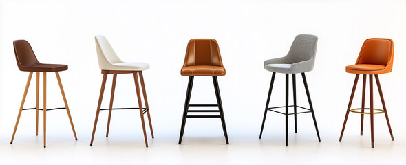 Stylish set of bar stools featuring leather and fabric upholstery in various colors. Perfect for modern interiors, these stools add elegance and comfort to any space