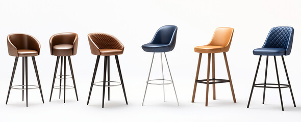 Stylish set of different bar stools in various colors and designs, showcasing modern aesthetics and comfort. Perfect for enhancing any dining or kitchen space