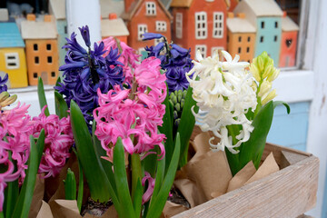 Colorful spring blooms brighten a quaint village backdrop