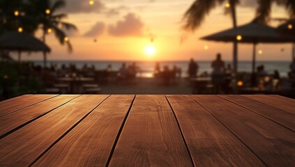 Warm Sunset Beach Restaurant Scene with Wooden Table