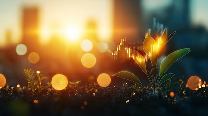 vibrant plant symbolizes growth and sustainability, illuminated by warm sunset. background features city skyline, blending nature with urban life, showcasing harmony between green energy and
