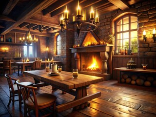Cozy Medieval Tavern Fireplace Bokeh 3D Render - Warm Ambiance, Candlelight, Wooden Tables