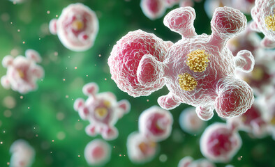 Close up view of T cells and B cells in cytoplasm, showcasing their intricate structures and vibrant colors. This highlights dynamic nature of immune cells in action