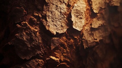 A close-up of the rough, textured surface of a redwood tree's bark, with visible wood grain and subtle lighting effects that highlight its natural beauty