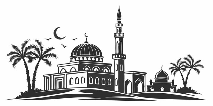 black mosque with palm trees and moon clip art preview