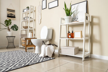 Interior of restroom with toilet bowl, table and shelf units