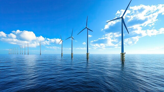 Offshore wind turbines generating renewable energy in the open ocean under a bright blue sky with scattered clouds
