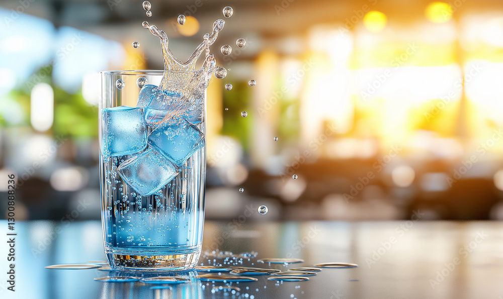 Aufkleber refreshing glass of water with ice cubes splashing, creating lively scene. background features blurr