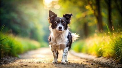 Cute Black and White Dog Walking Dirt Path Curious Puppy Pet Photography Stock Photo Image