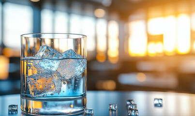 glass of water with ice cubes on table, illuminated by warm sunlight in blurred background, creates refreshing and inviting atmosphere