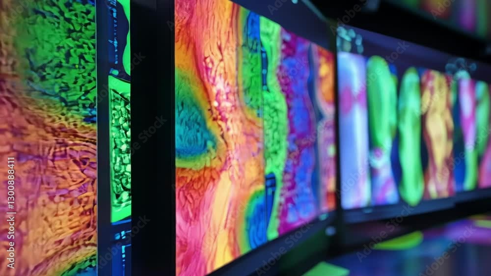 Poster vivid colors illustrate cellular structures on digital screens. highlighting intricate patterns and 