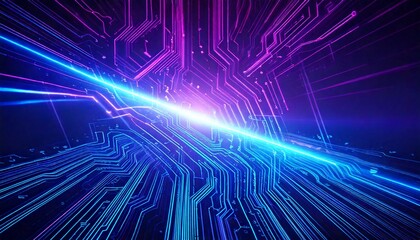 Abstract background with dynamic neon lines, circuit board elements, and gradient blue-to-purple hues, symbolizing AI, data, and futuristic business concepts.