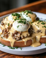 A plate of eggs Benedict garnished with hollandaise sauce and fresh parsley