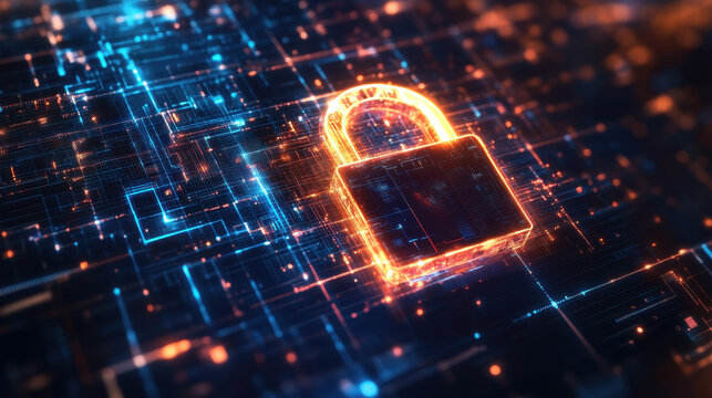 Digital lock representing cybersecurity and data protection on a futuristic network landscape illustrating information technology and online security measures