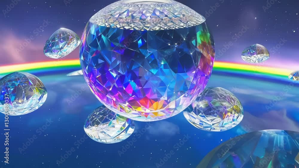 Poster abstract floating crystal spheres with rainbow reflections and starry background - extract from vide