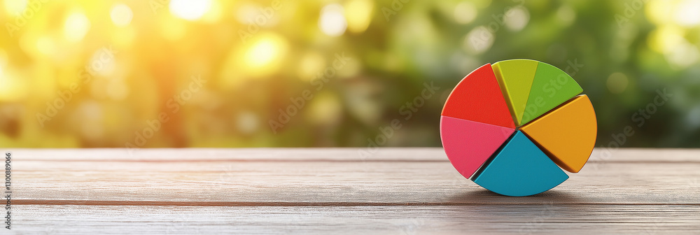 Poster colorful pie chart on wooden table with blurred green background, symbolizing data analysis and stat