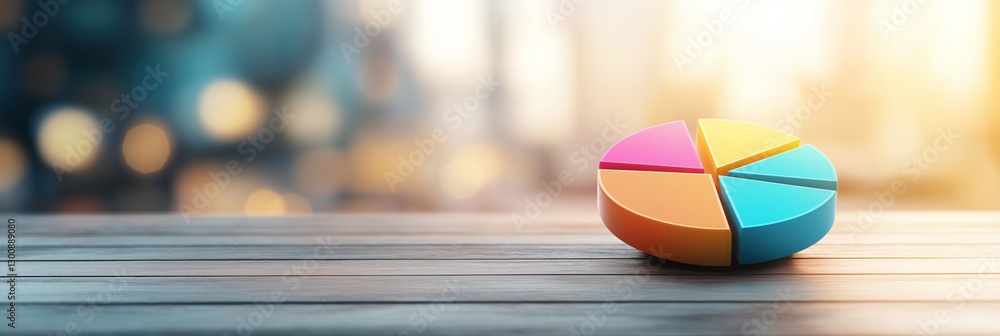 Poster colorful pie chart on wooden table with blurred background, symbolizing data analysis and business i
