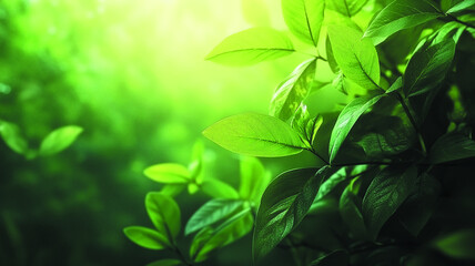 Obraz premium Fresh green leaves on a branch in sunlight with natural background, macro plant photography, vibrant nature colors, summer mood