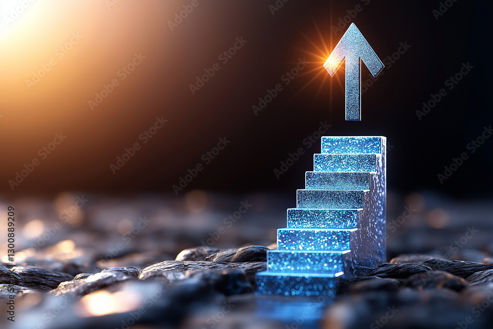 Poster blue staircase with upward arrow symbolizes progress and success. shimmering steps reflect light, cr