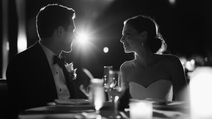 Romantic Moment, Bride and Groom Sharing an Intimate Glance at Wedding Reception