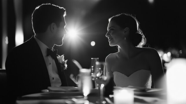 Romantic Moment, Bride and Groom Sharing an Intimate Glance at Wedding Reception