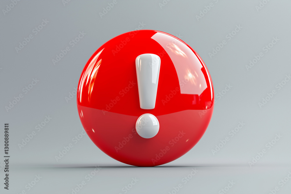 Poster glossy red button featuring prominent white exclamation mark, symbolizing alertness and attention. t