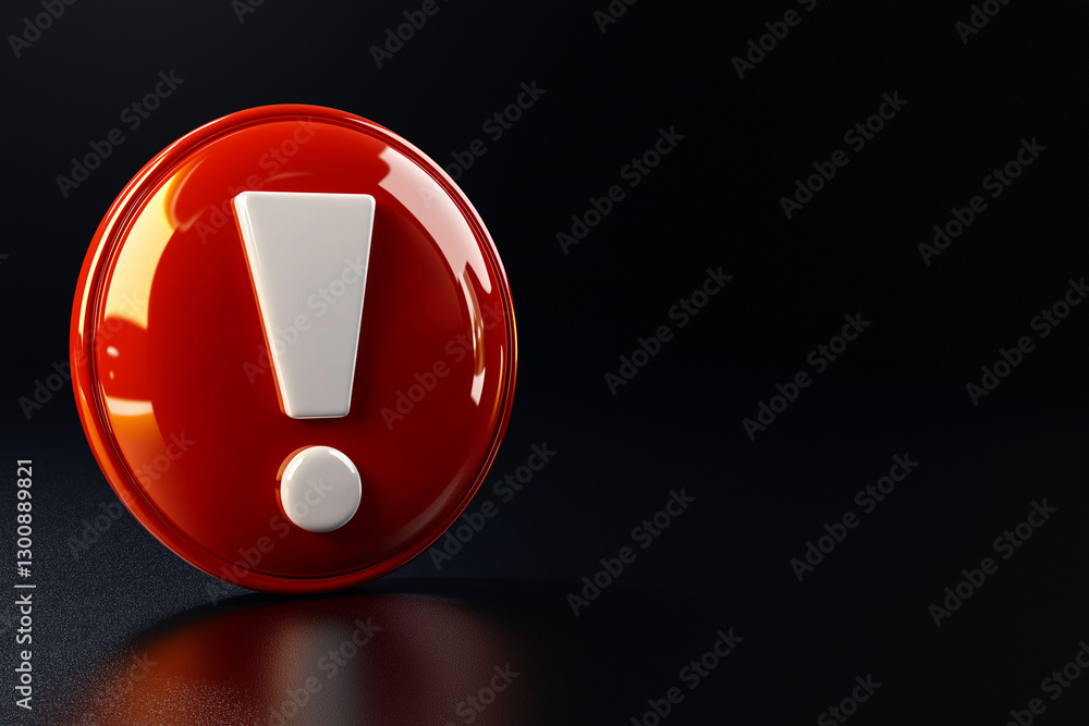 Poster glossy red circular exclamation mark symbol on dark background, conveying alertness and attention. i