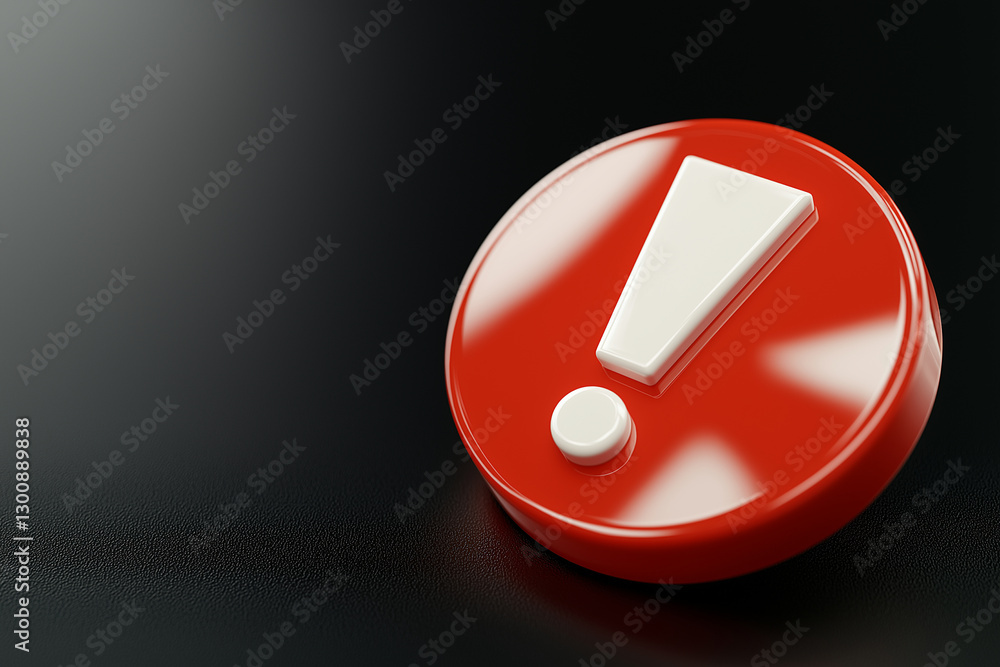 Poster glossy red circular exclamation mark symbol on dark background, conveying urgency and attention. ide
