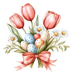 Beautiful Spring Floral Bouquet with Tulips and Daisies for Easter or Holiday