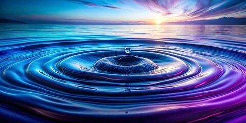 Serene Sunset Reflection A Single Drop Creates Vibrant Concentric Rings on a Calm Body of Water