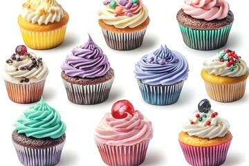 Collection set of colorful cupcakes isolated on white background.
