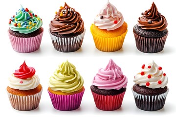 Collection set of colorful cupcakes isolated on white background.