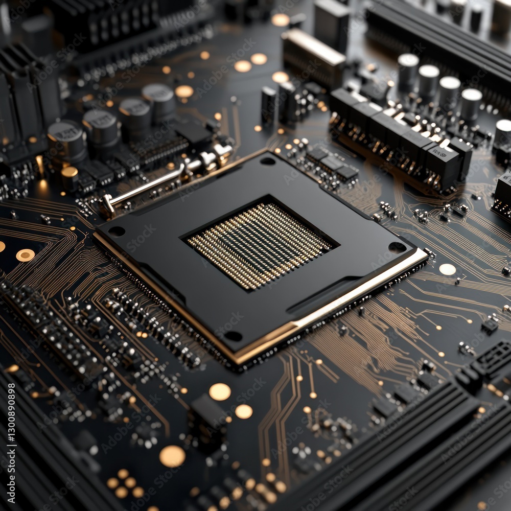 Poster close-up of a modern computer motherboard with cpu