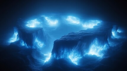 Blue Glowing Fractal Cave Landscape With Mysterious Openings