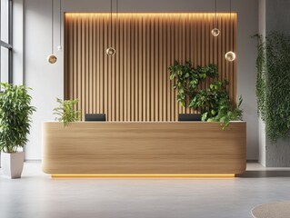 A modern wooden reception desk with beautiful hanging lights