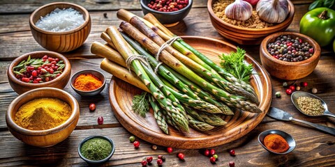 Aromatic Bundle of Fresh Asparagus with an Array of Vibrant Spices and Herbs on Rustic Wooden Surface
